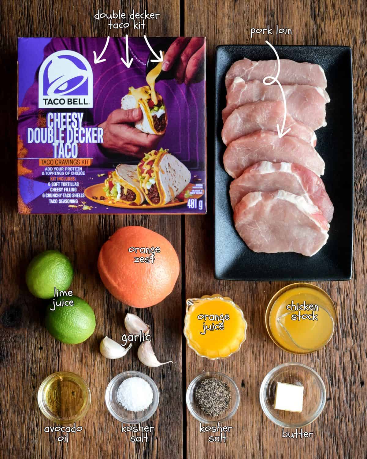 Ingredients for double decker grilled pork tacos.