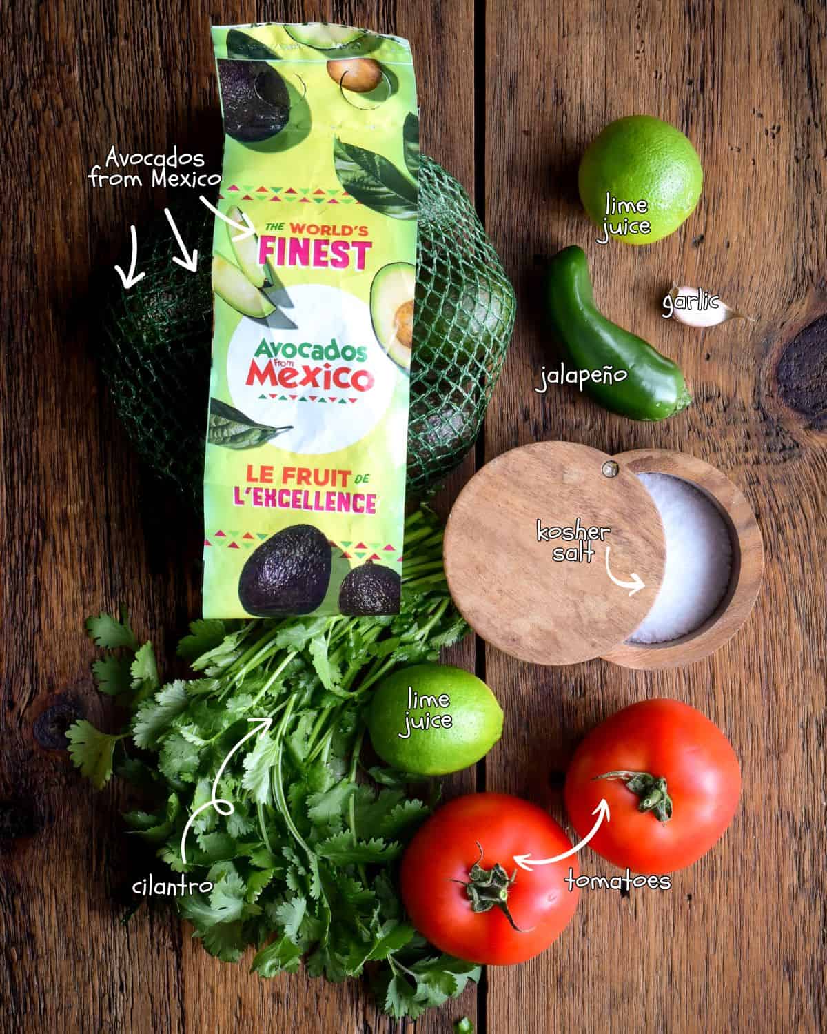 Ingredients for a guacamole and salsa recipe.