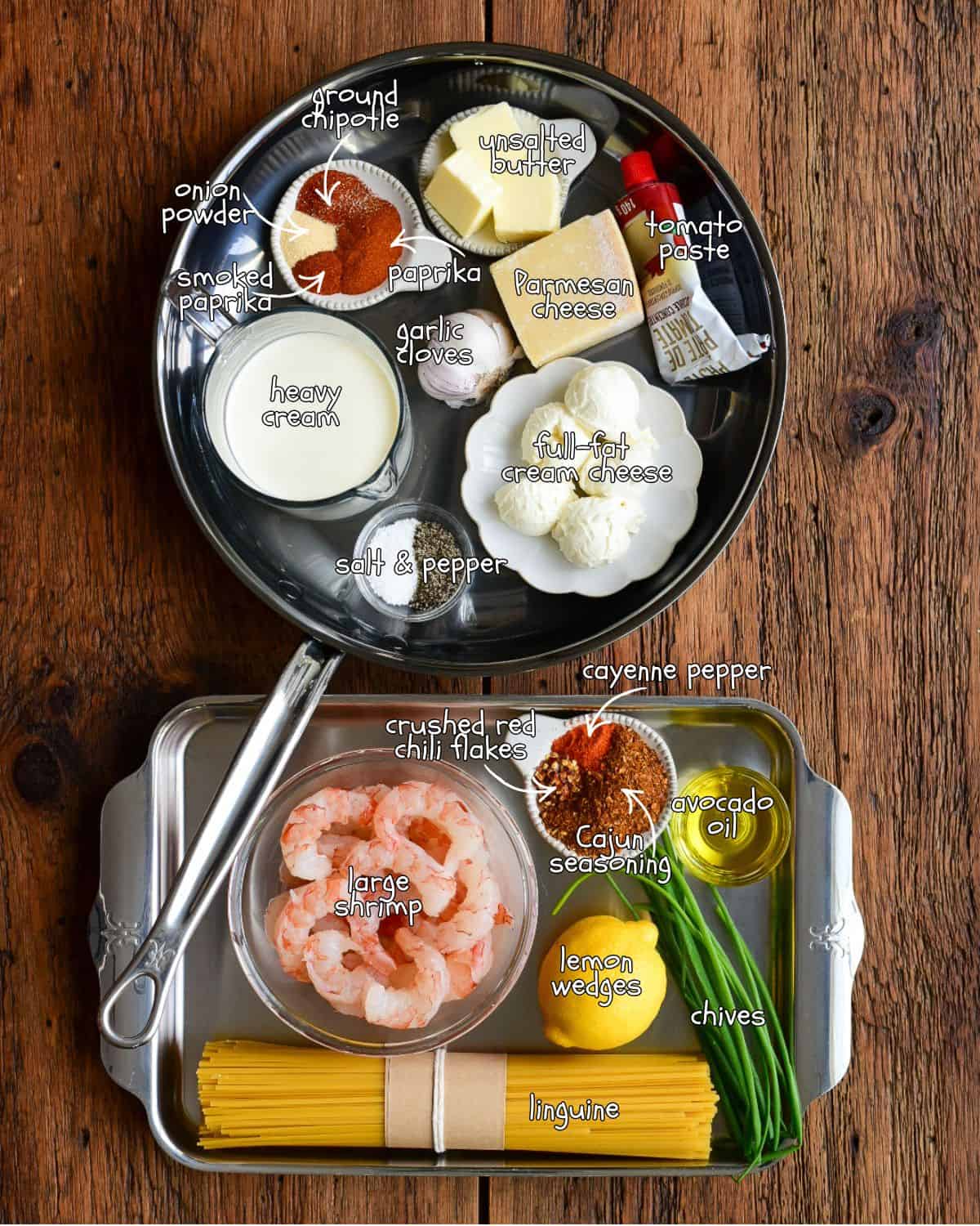 Ingredients for a spicy shrimp linguine recipe.