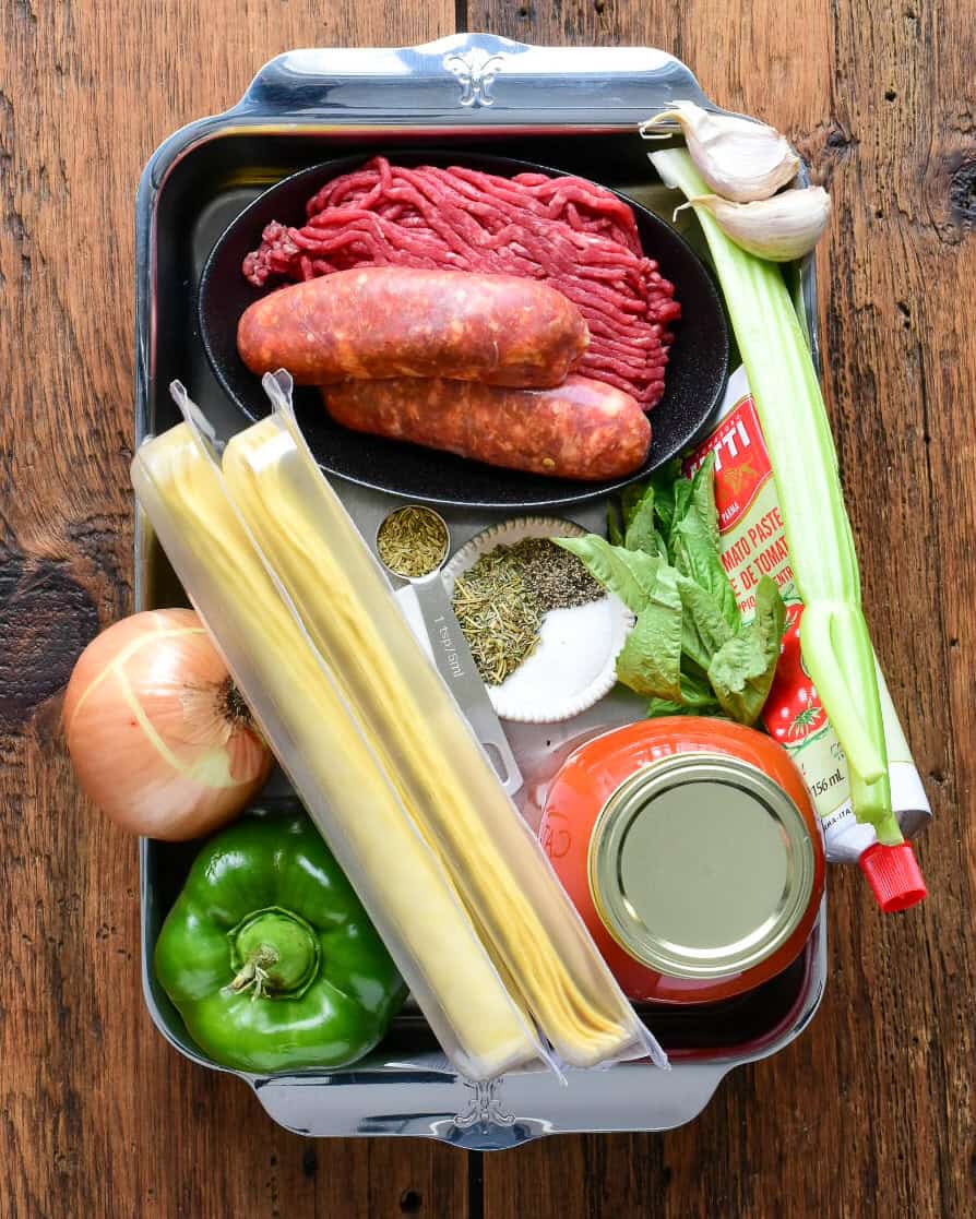 Ingredients for a hot Italian sausage pasta recipe.