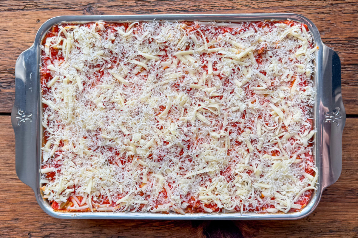 A lasagna made with fresh pasta is ready to bake. 