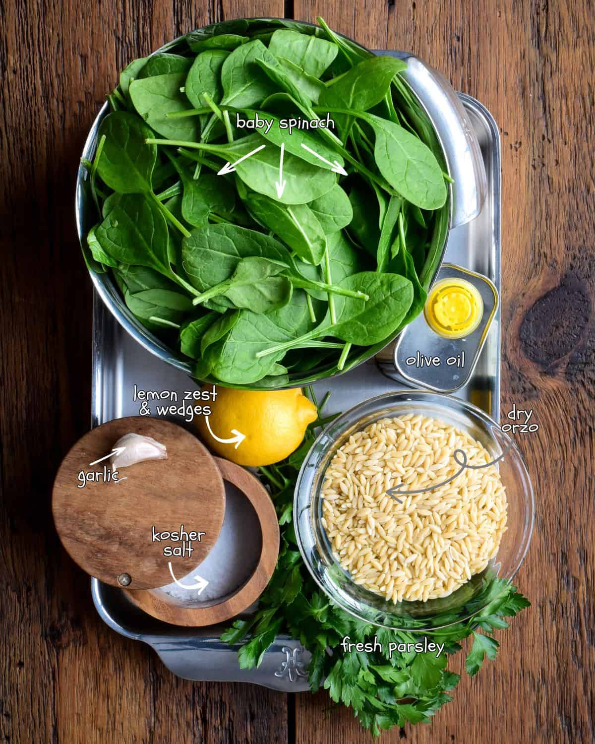 Ingredients for sauteed spinach and orzo.