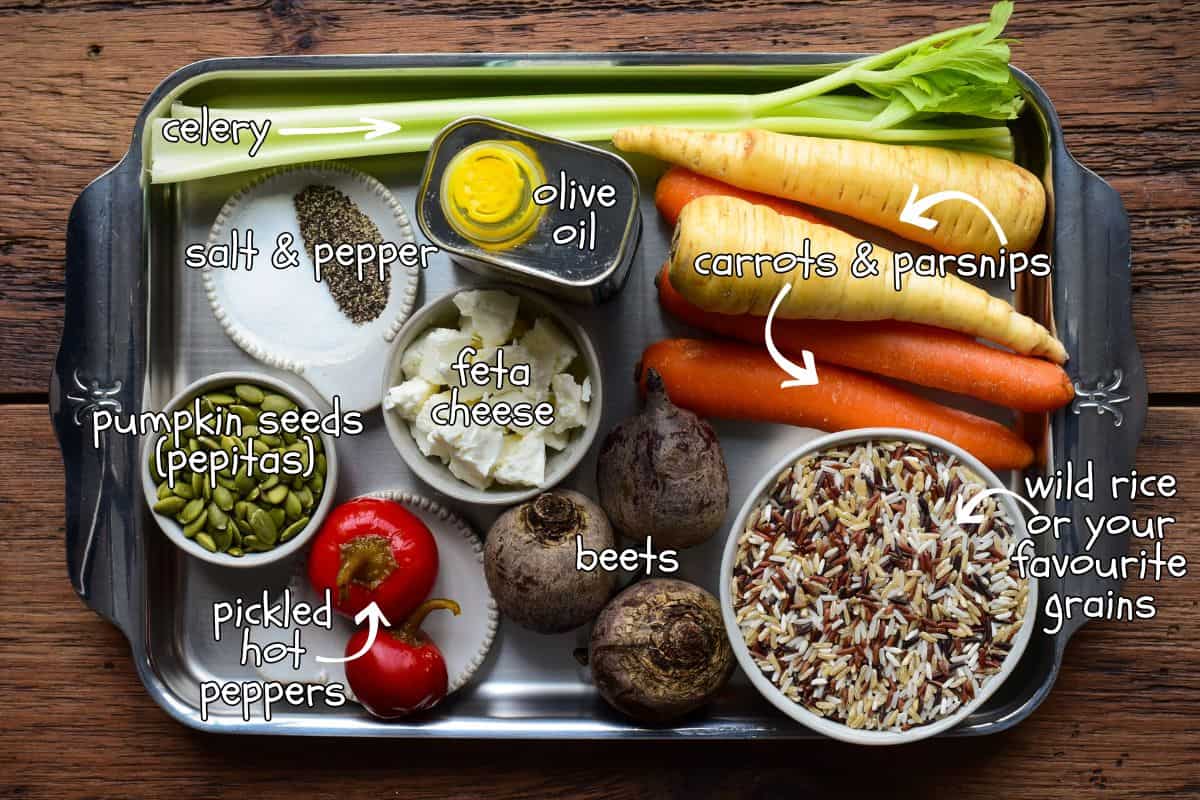 Ingredients for a roasted vegetable bowl with grains.