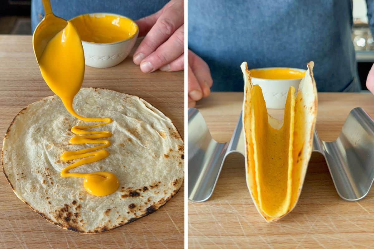 Spread a thin layer of cheesy filling over each. Wrap the soft tortilla around a crunchy shell. 