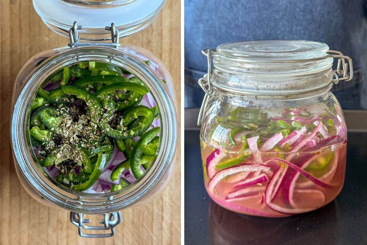 Quick pickled onions before and after the pickling liquid was added.
