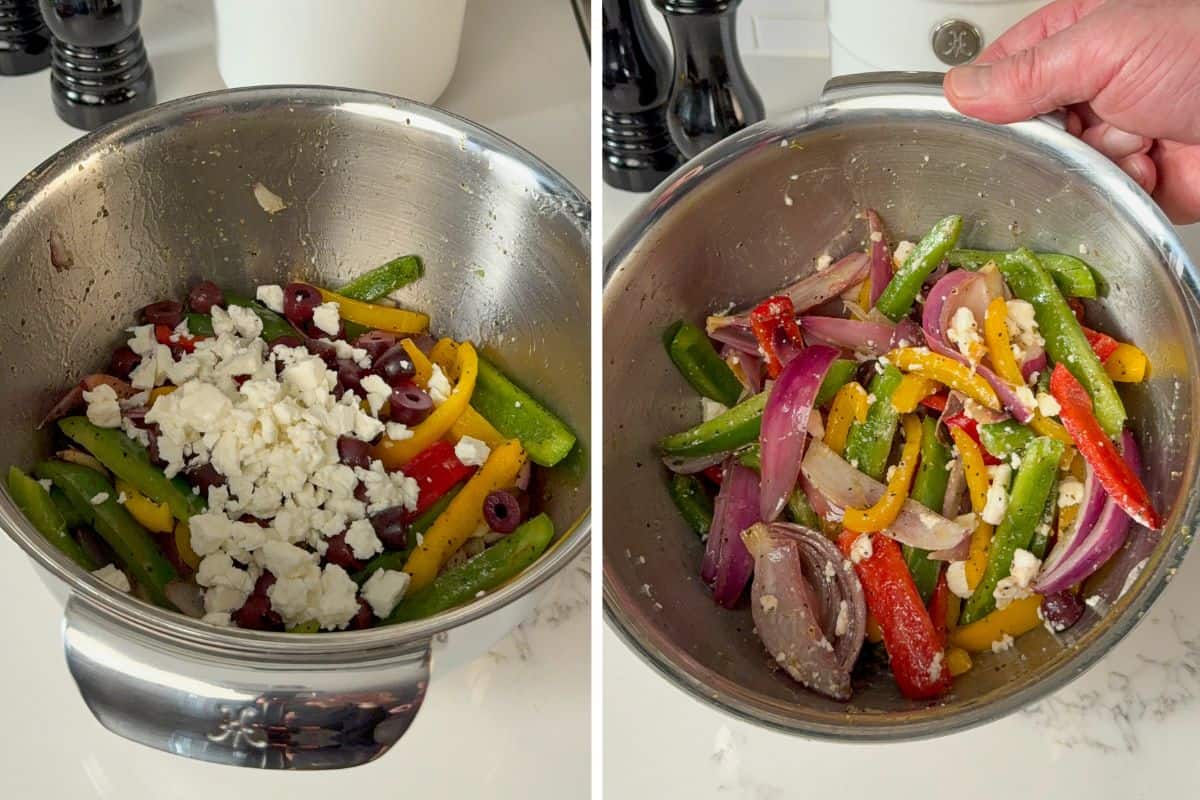 Add the feta and olives and stir.