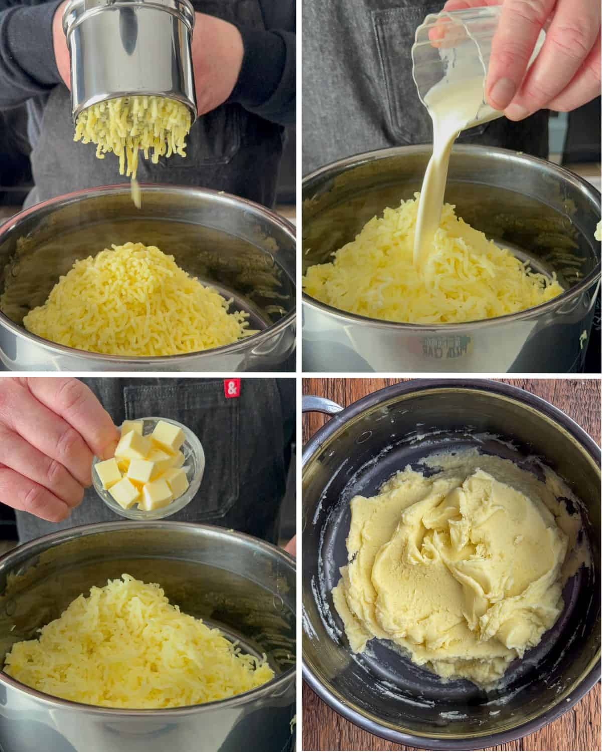 Mash the potatoes using a ricer, cream and butter.