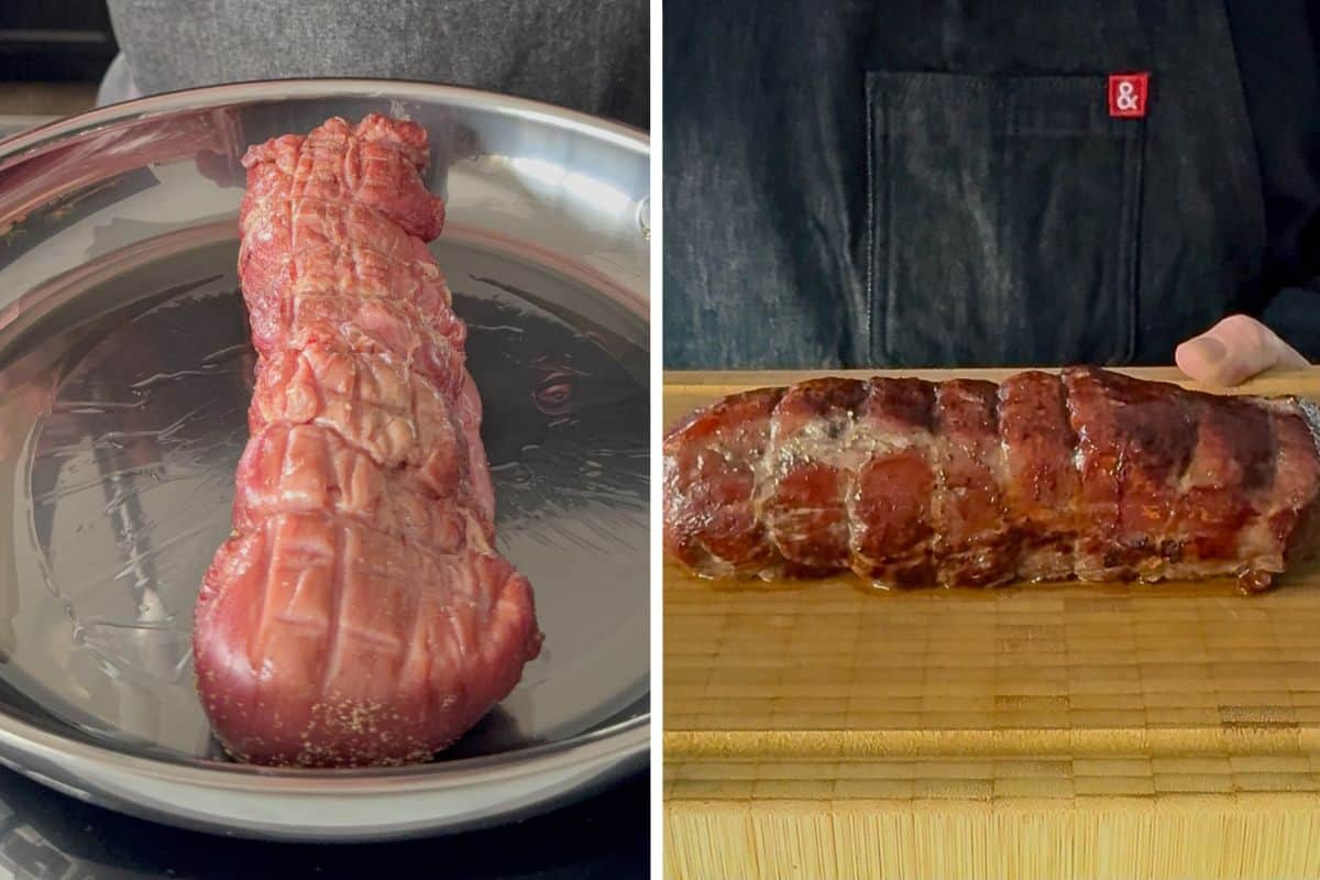 Sear the veal tenderloin on all sides.