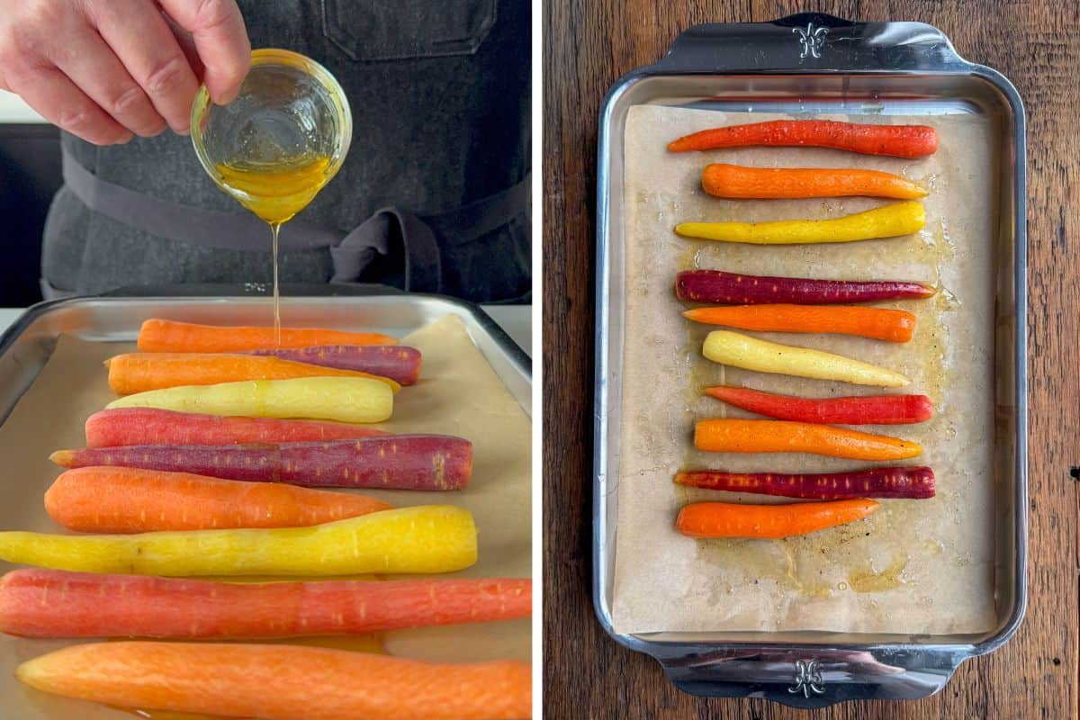 Prep and roast the honey-roasted carrots on a parchment-lined sheet pan.
