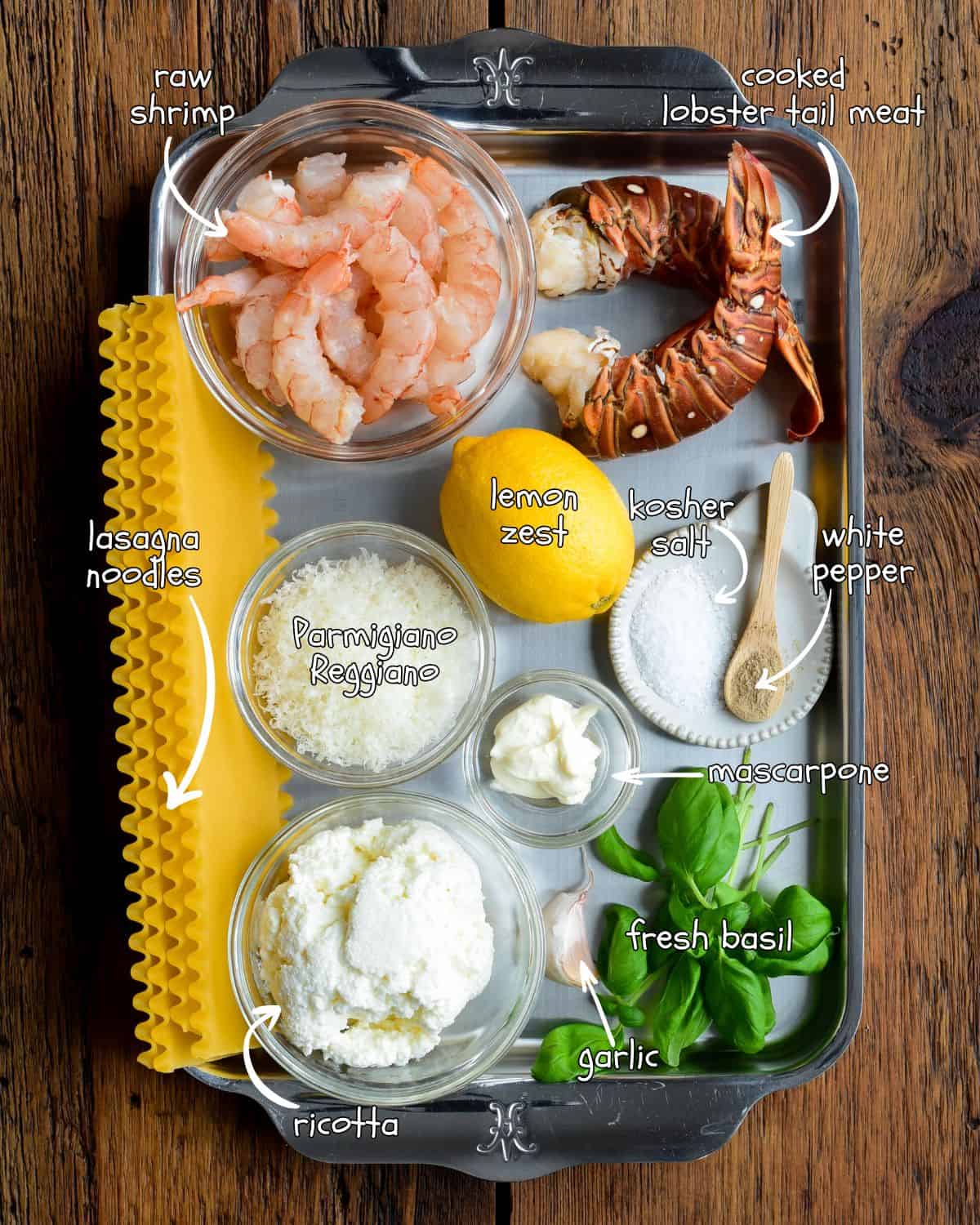 Ingredients for a seafood lasagna roll ups recipe.