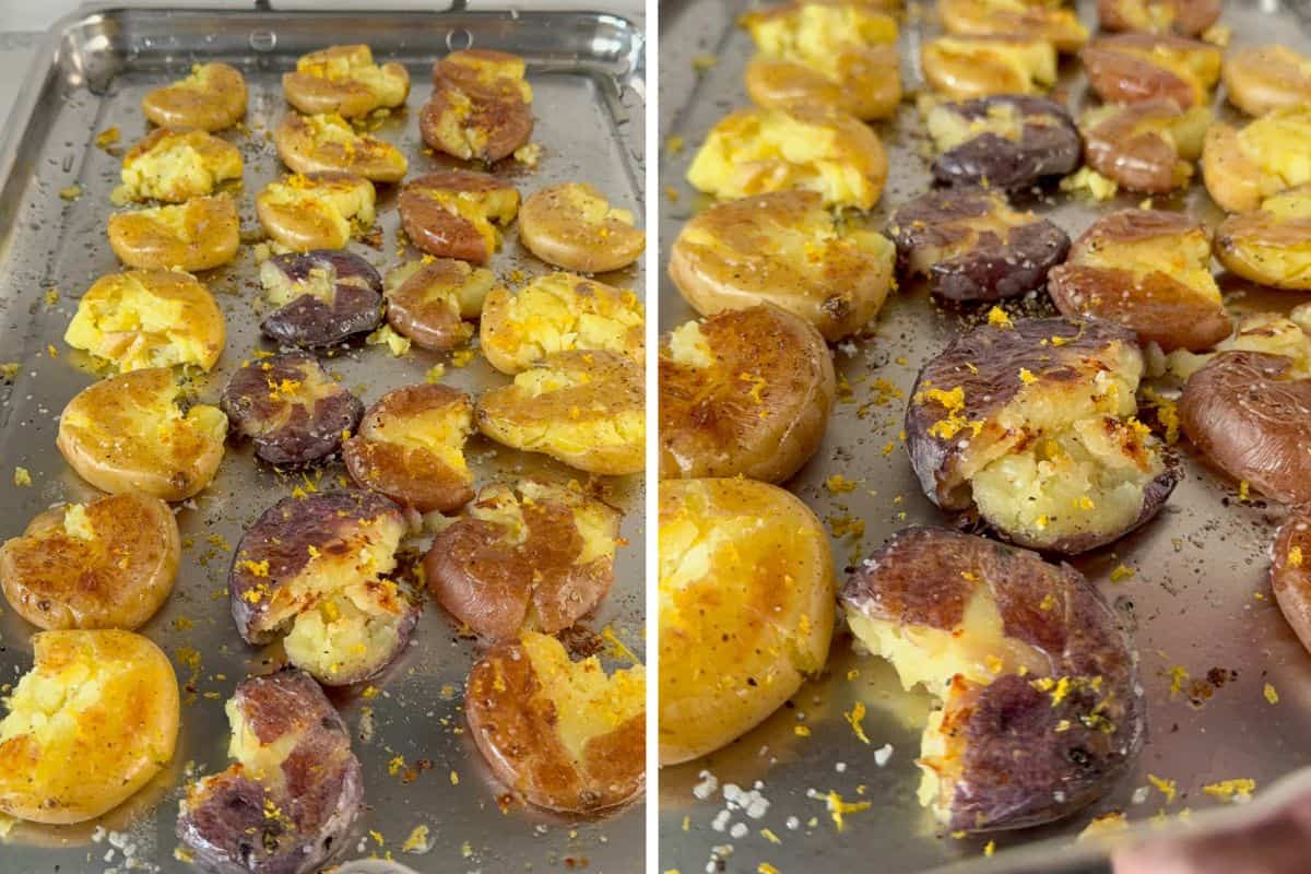 Smashed potatoes finished with salt, lemon zest and juice.