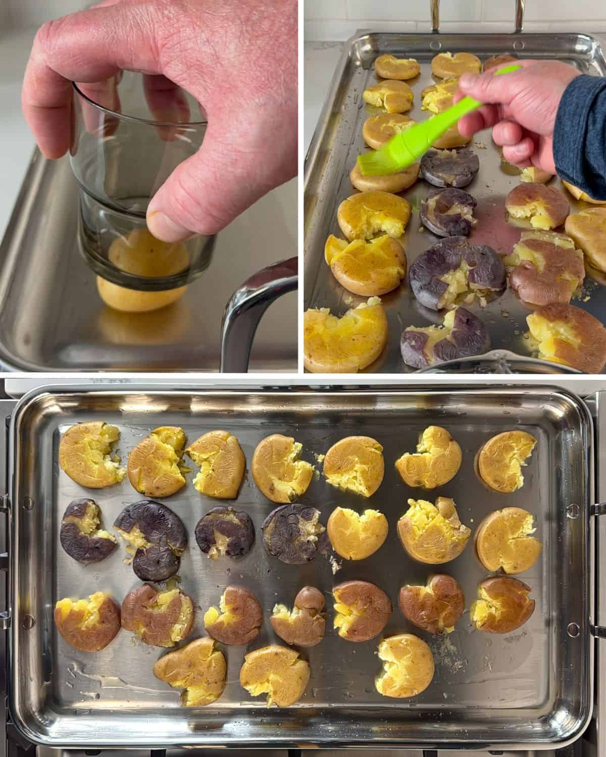 Smash the potatoes with a glass directly on the griddle.