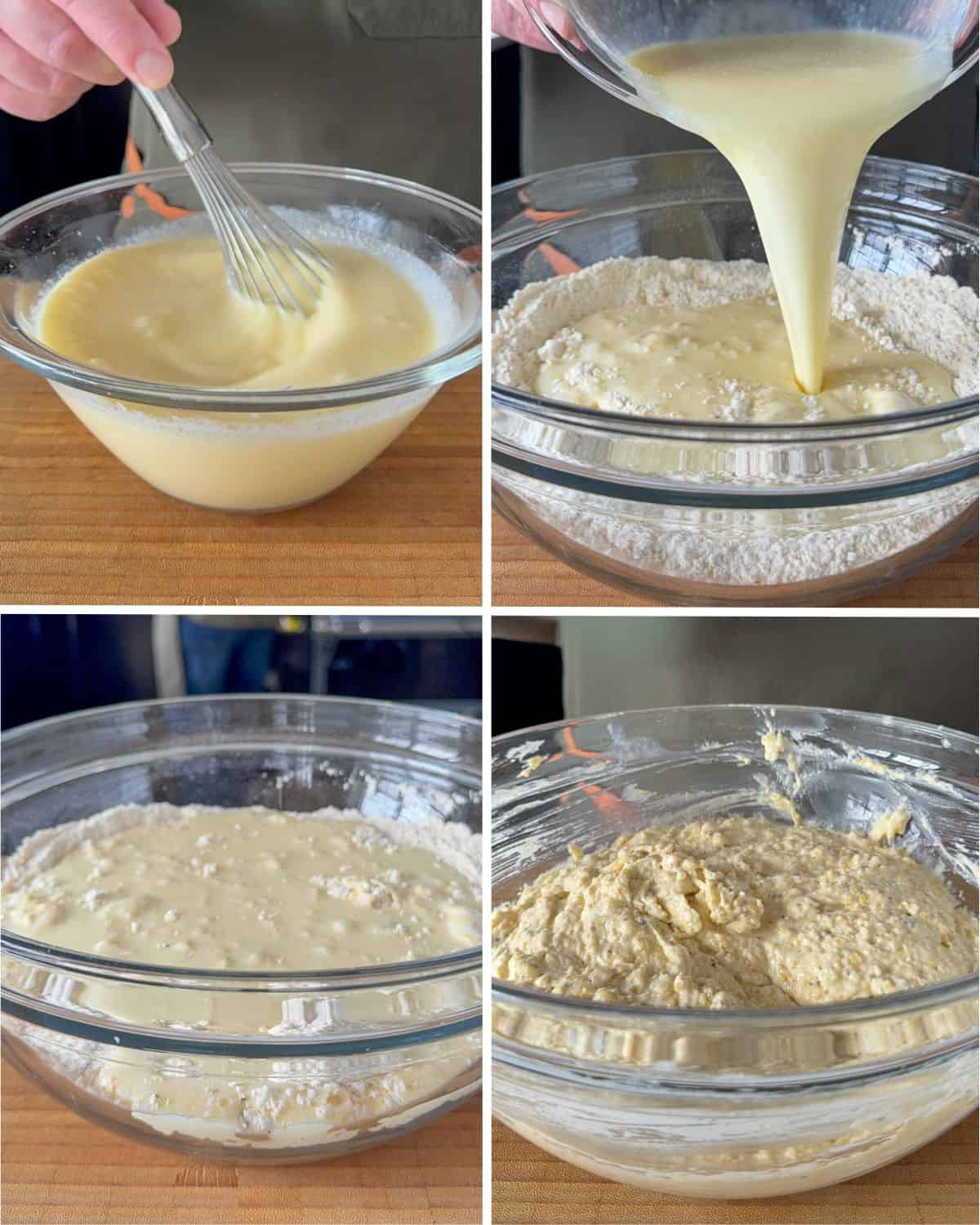 Prepare the wet and dry ingredients separately, then mix them together. 