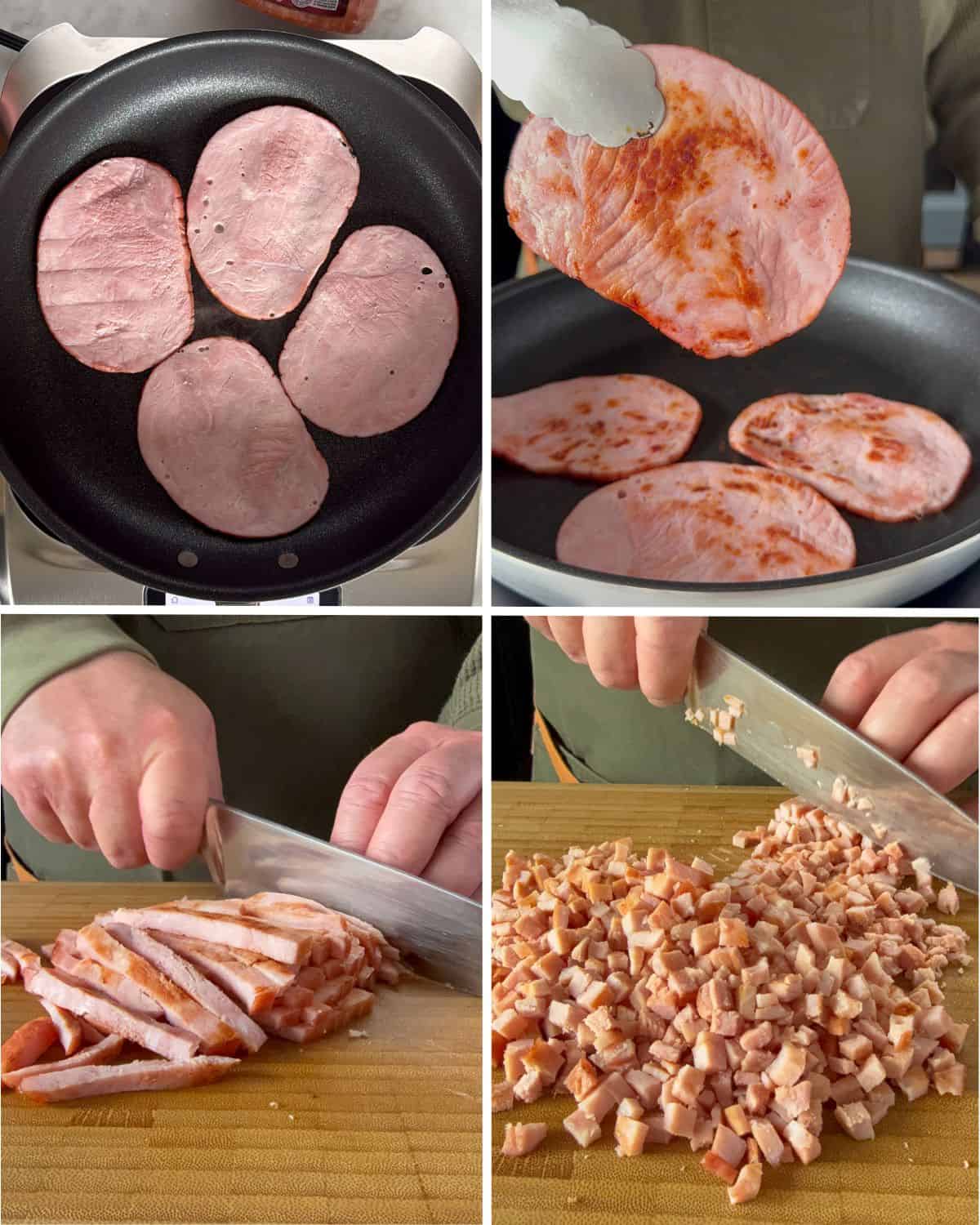 Cook and cube the ham to add to the cornmeal waffles batter. 