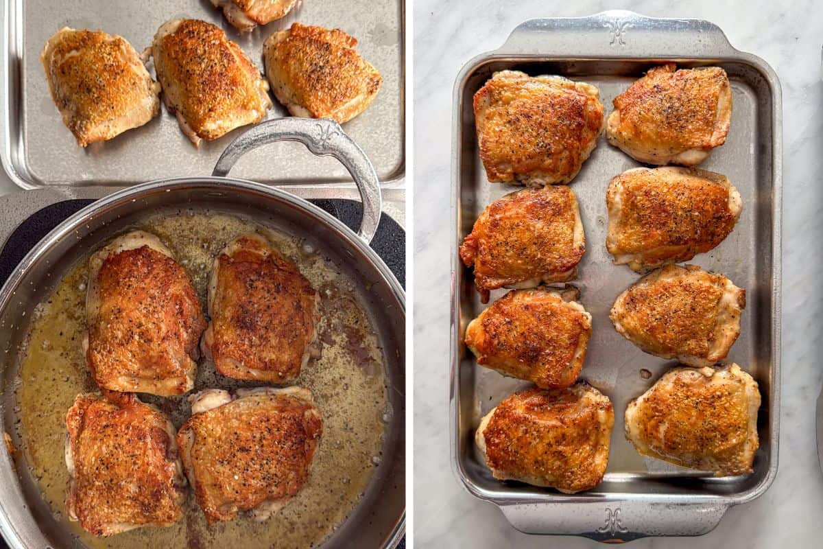 Sear the thighs in batches, then place on a tray. 