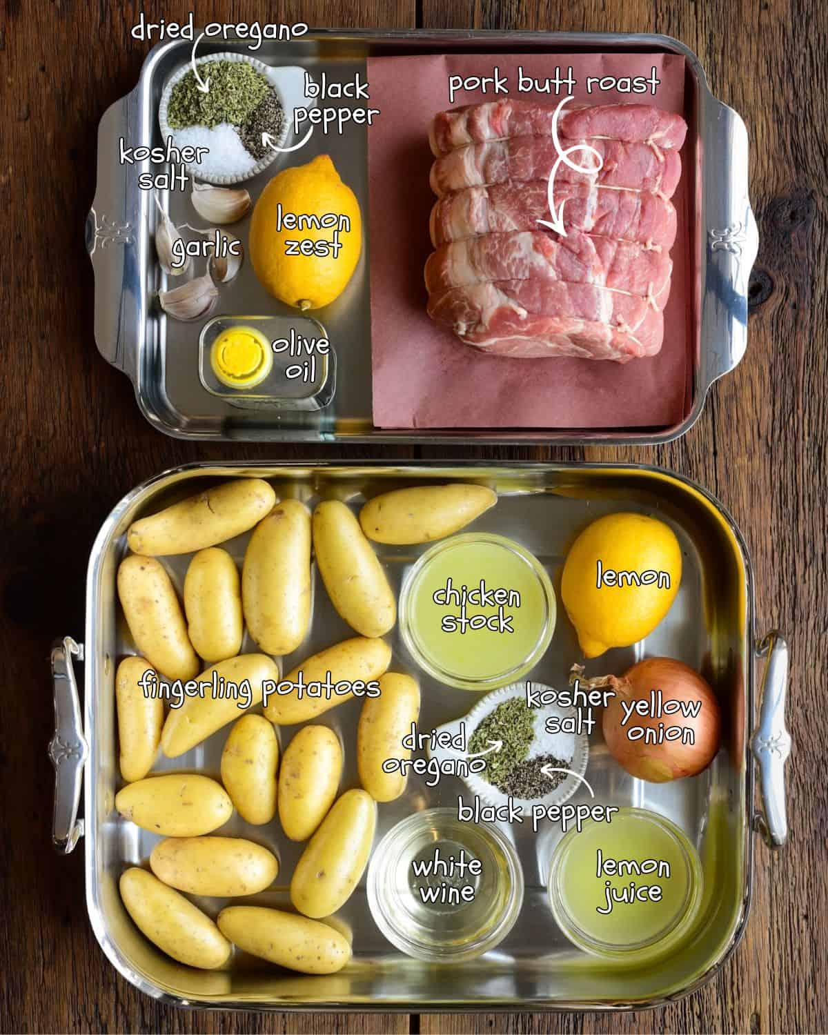 Ingredients for a Greek pork roast recipe with fingerling potatoes.