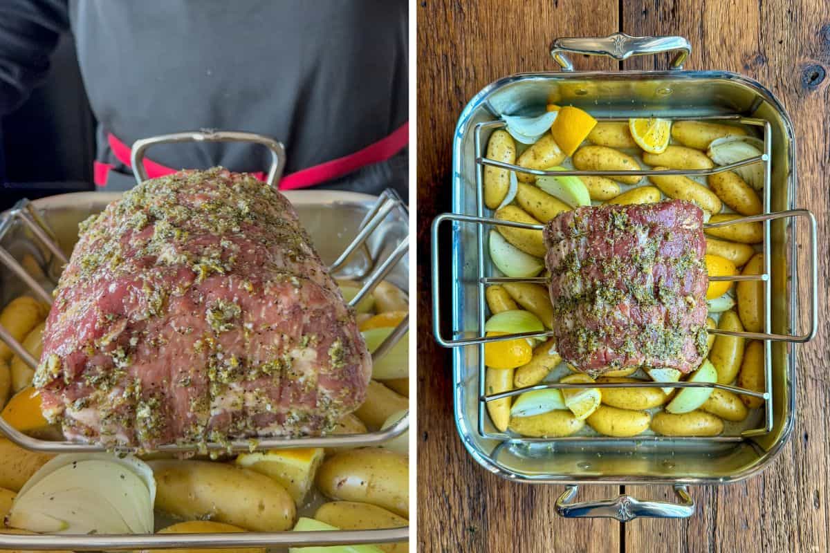 Position the pork butt roast on a rack above the fingerling potatoes.