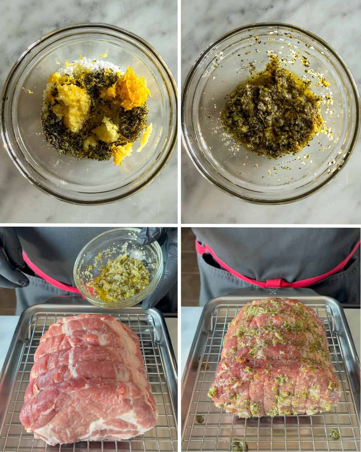 Prep the Greek pork roast with lemon, oregano, garlic, oil, salt and pepper.