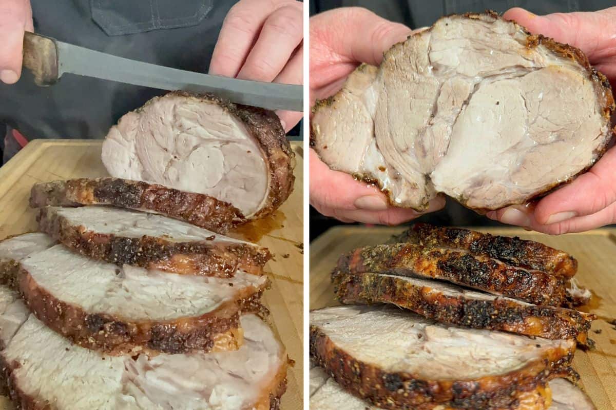 Slice the oven-roasted pork butt into half-inch slices.