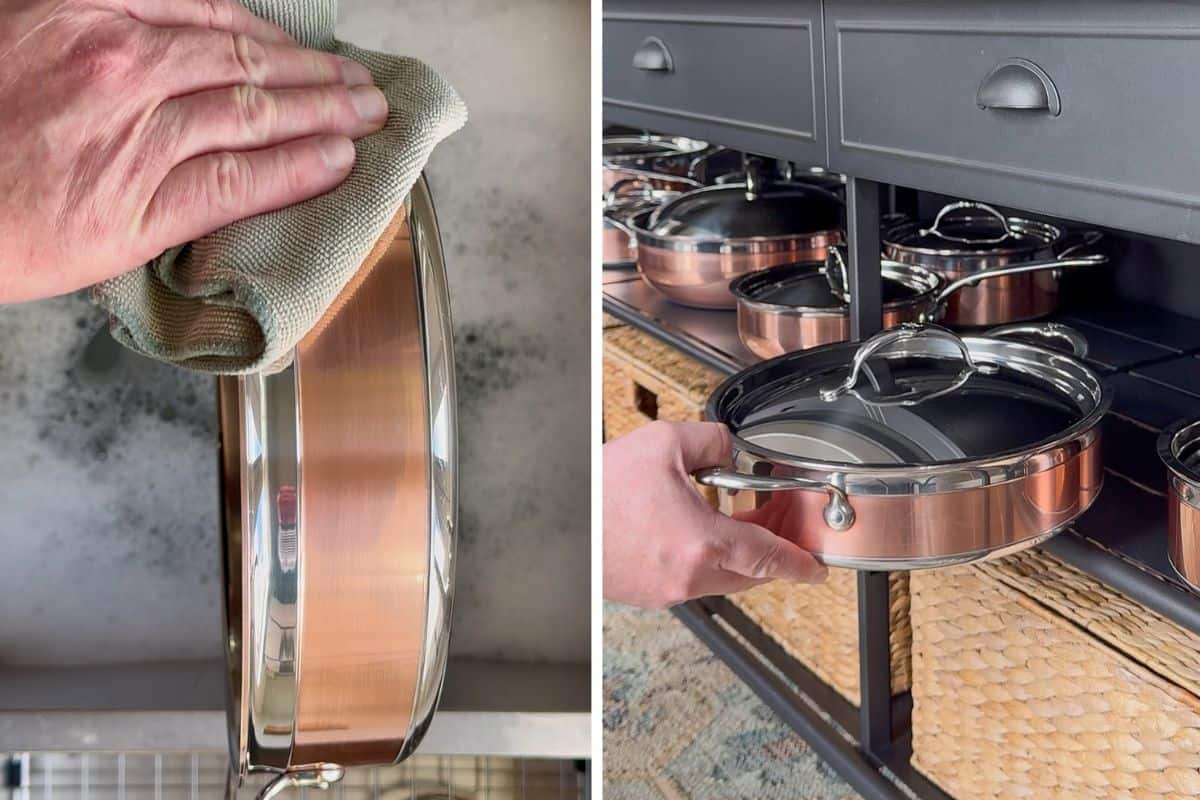 Dry the copper pan immediately with a clean microfiber towel. Water spots are the enemy of a mirror finish; air-drying will leave streaks.
