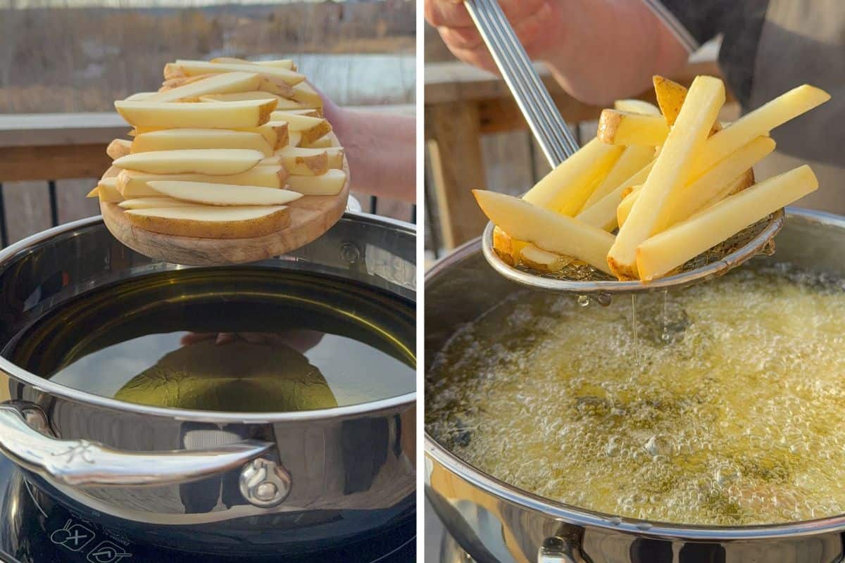 Fresh-cut russet potatoes are going into the oil for the first fry. 