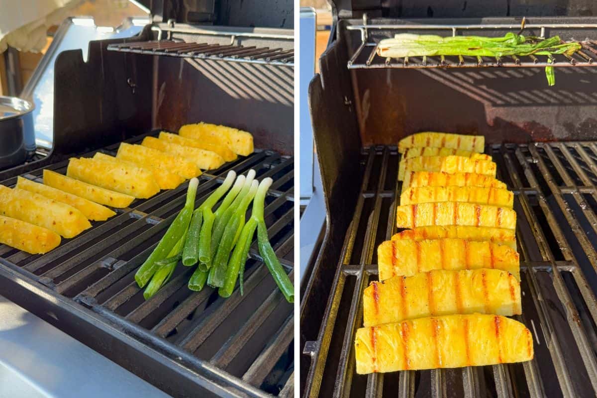 Grill the scallions and pineapple spears until visible grill marks appear. 