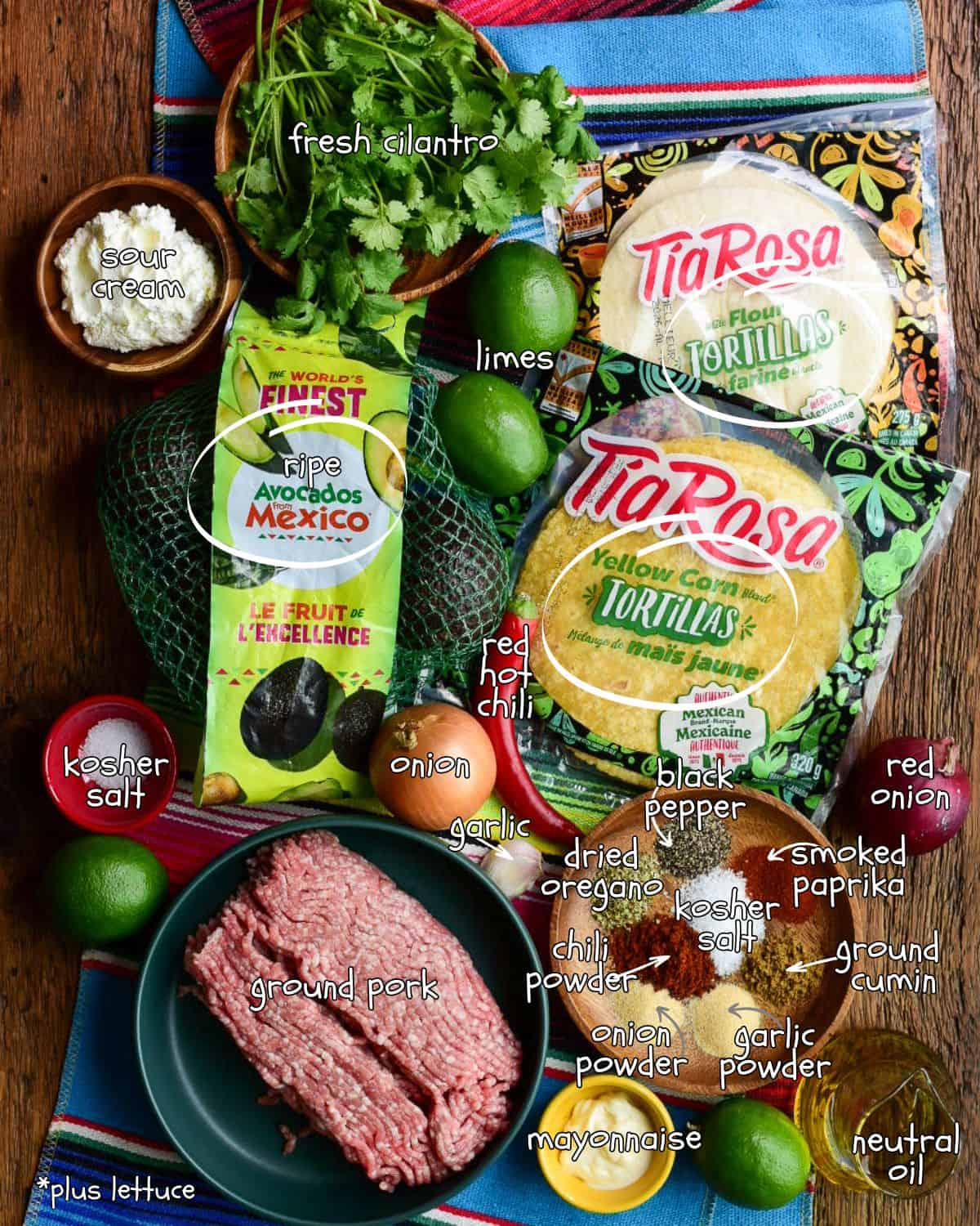 Ingredients for pork smash tacos.