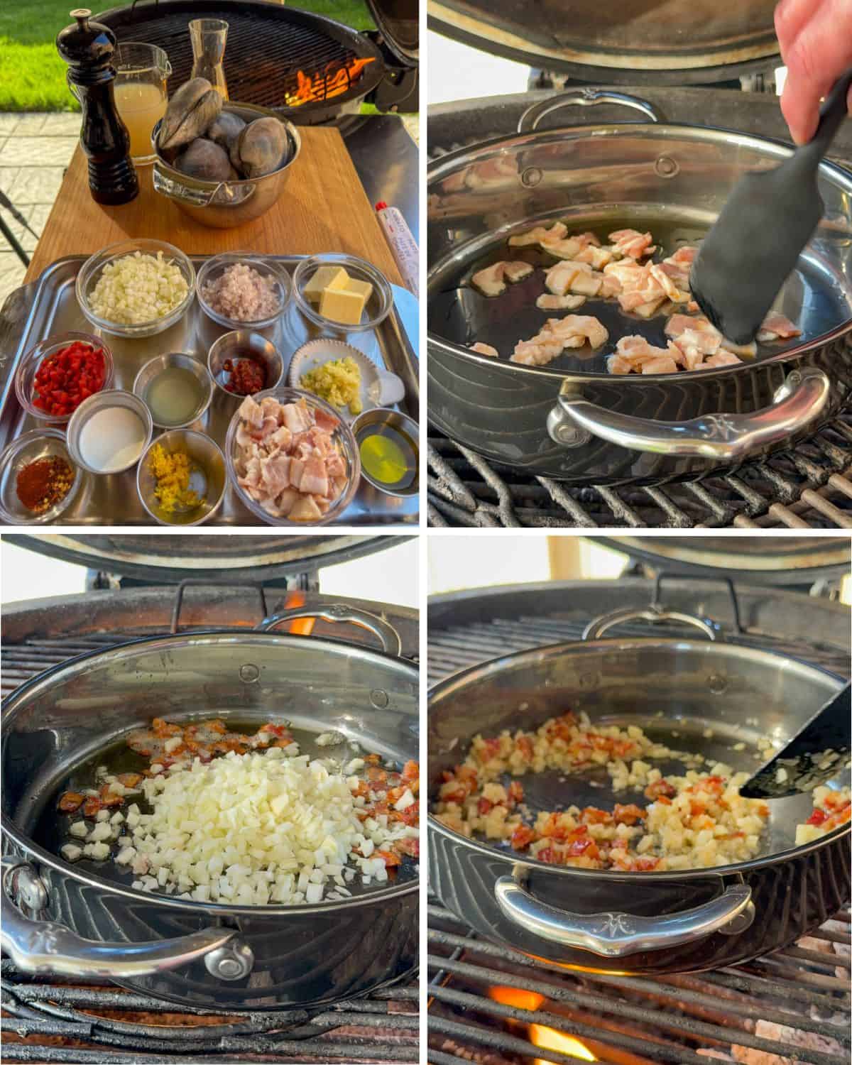 Build the sauce for the grilled clams, starting with the bacon, onions and fennel. 