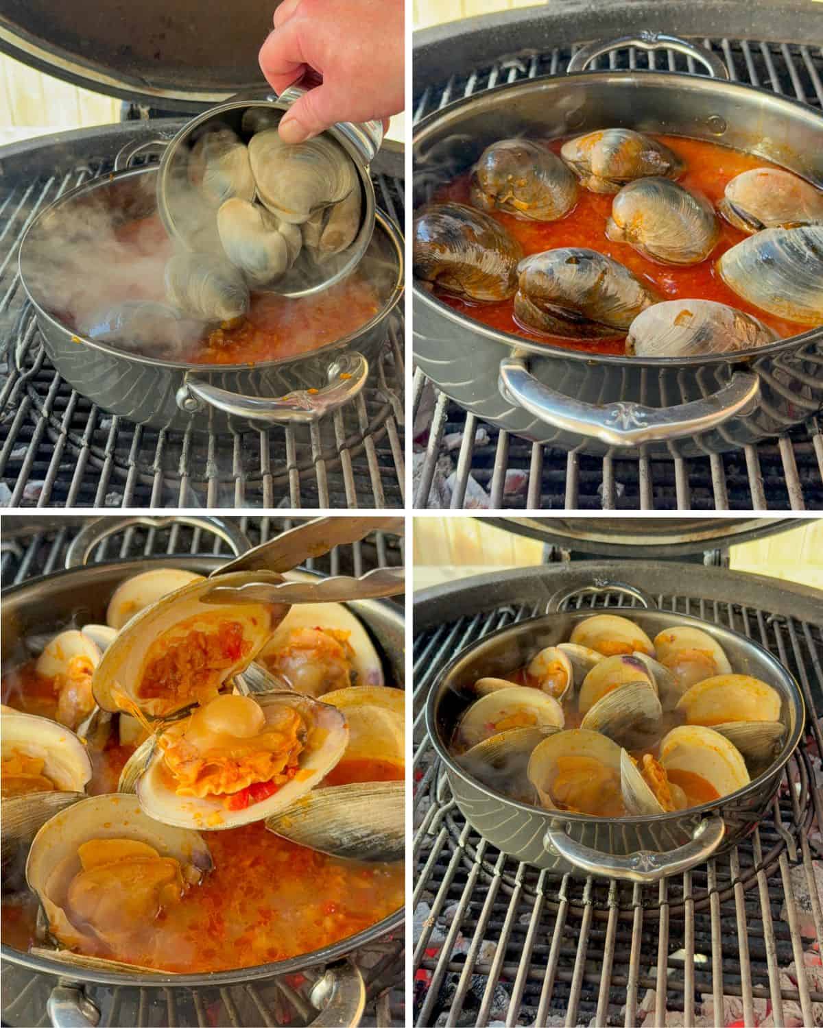 Place the cherrystone clams into the spicy clams casino sauce. Toss gently until the clams open.