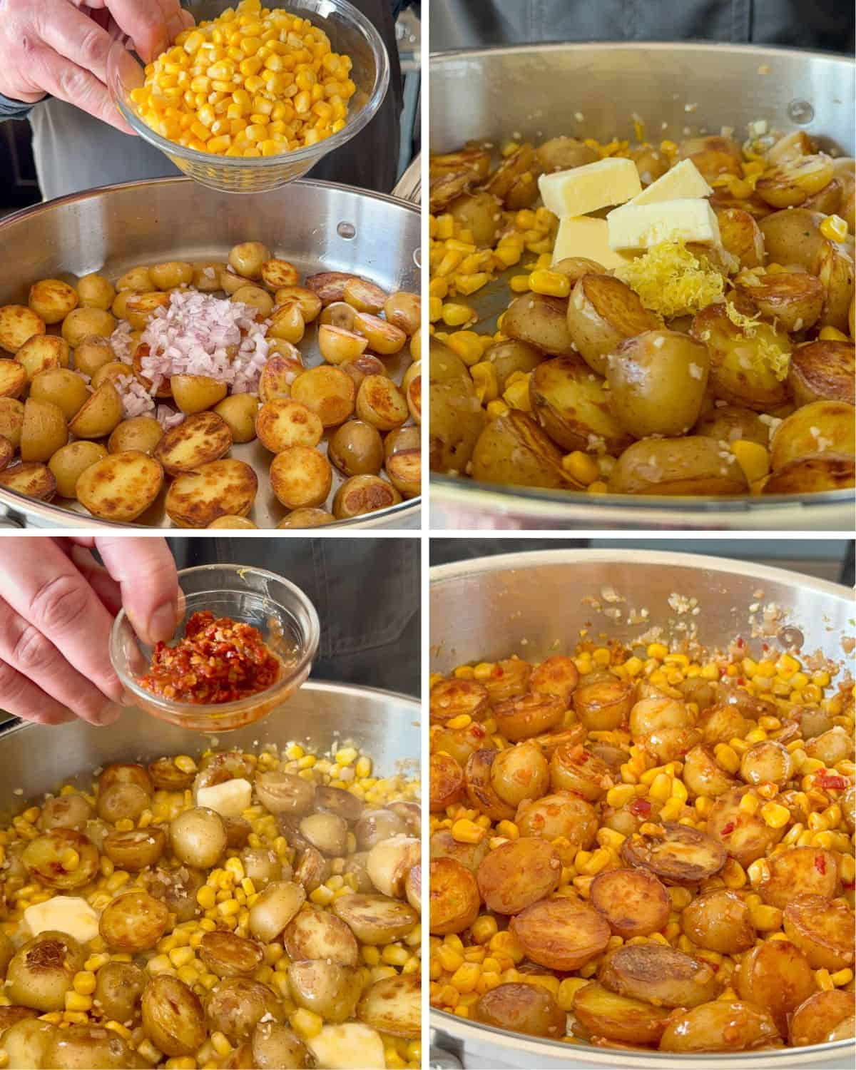Add the corn, shallots, butter, lemon zest and juice and the Calabrian chilies. 