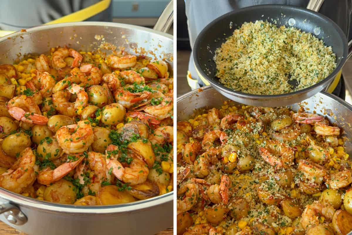 Mix the parsley and lemon pangrattato in the skillet.
