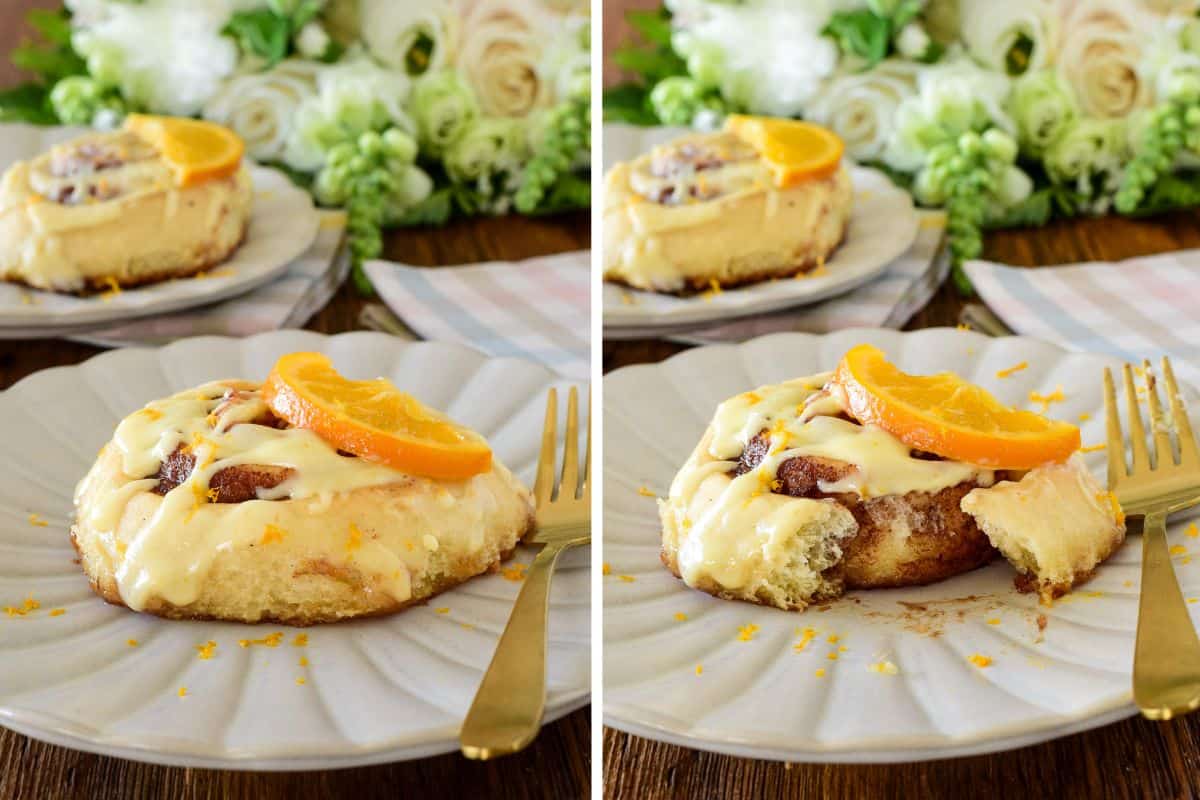 Two side-view images of a baked cinnamon roll, with one having a bite taken out. 
