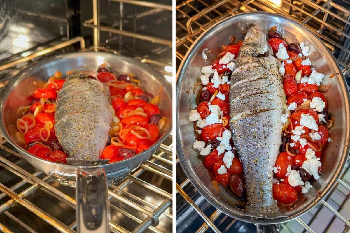 A roasted whole branzino in the oven.