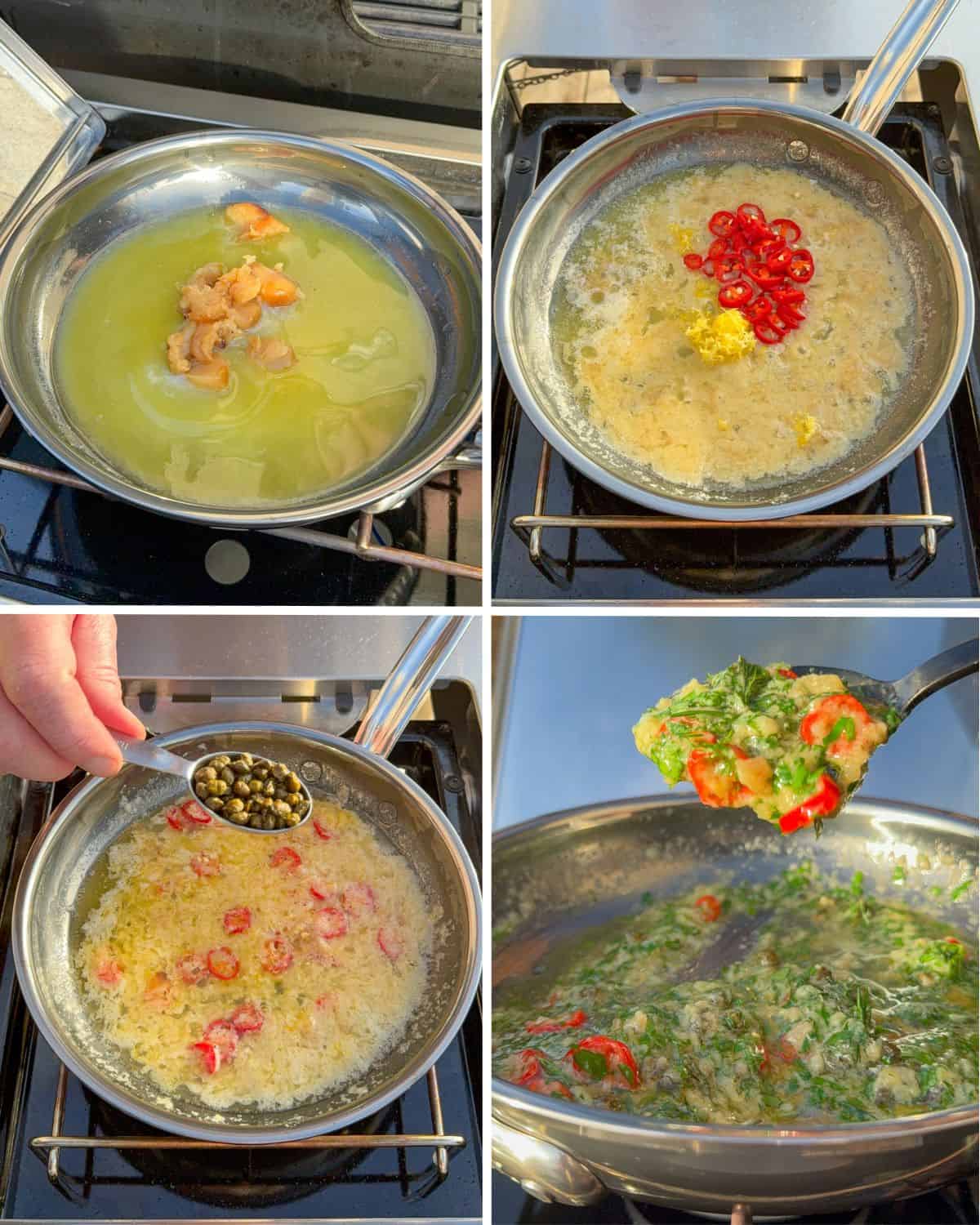 The steps to making a roasted garlic butter sauce with herbs.