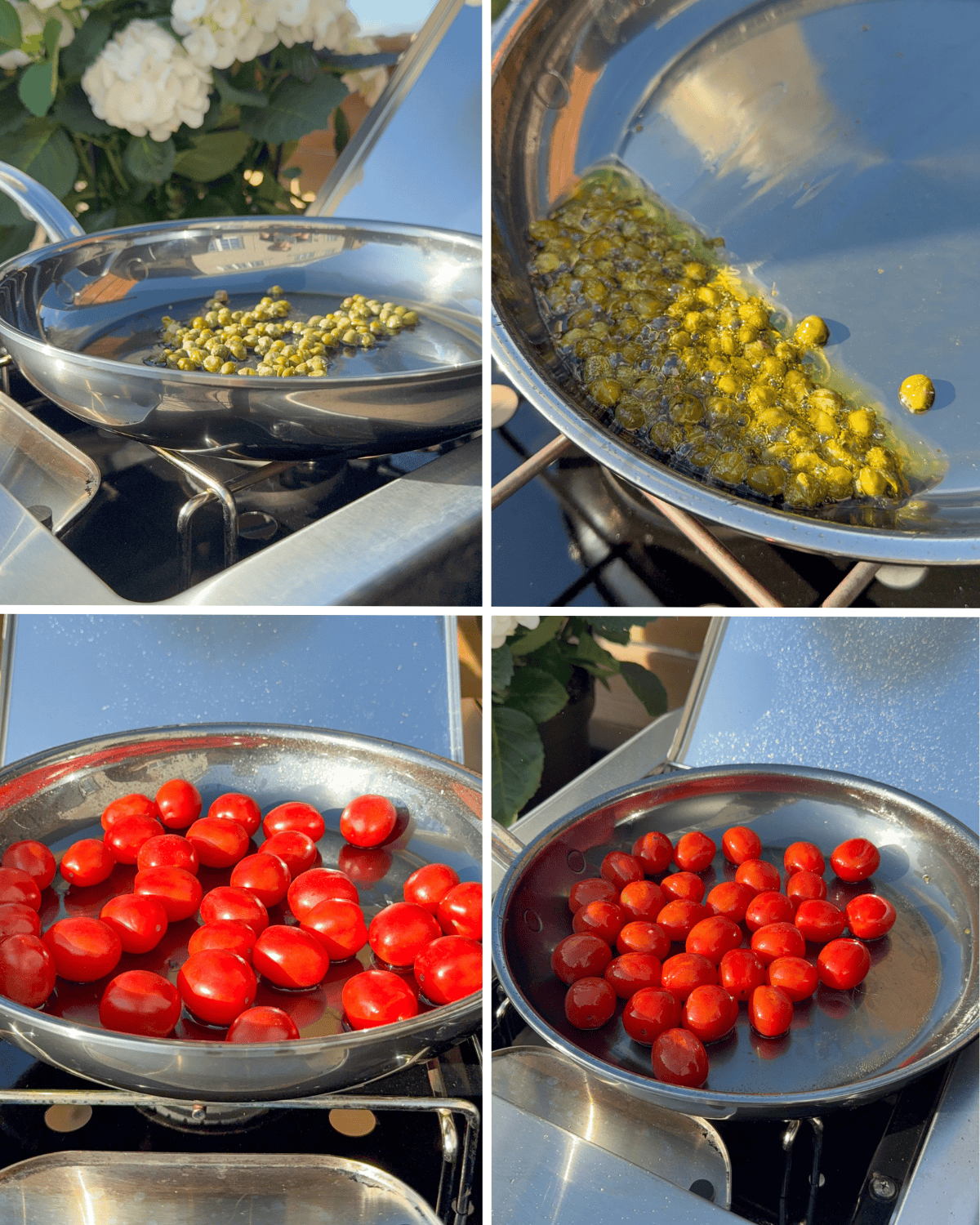 This shows how to crisp up capers and how to blister tomatoes in a skillet.