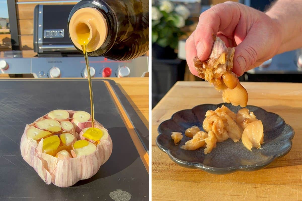 Roast the garlic with olive oil. Squeeze out the garlic to use for the roasted garlic steak butter recipe.