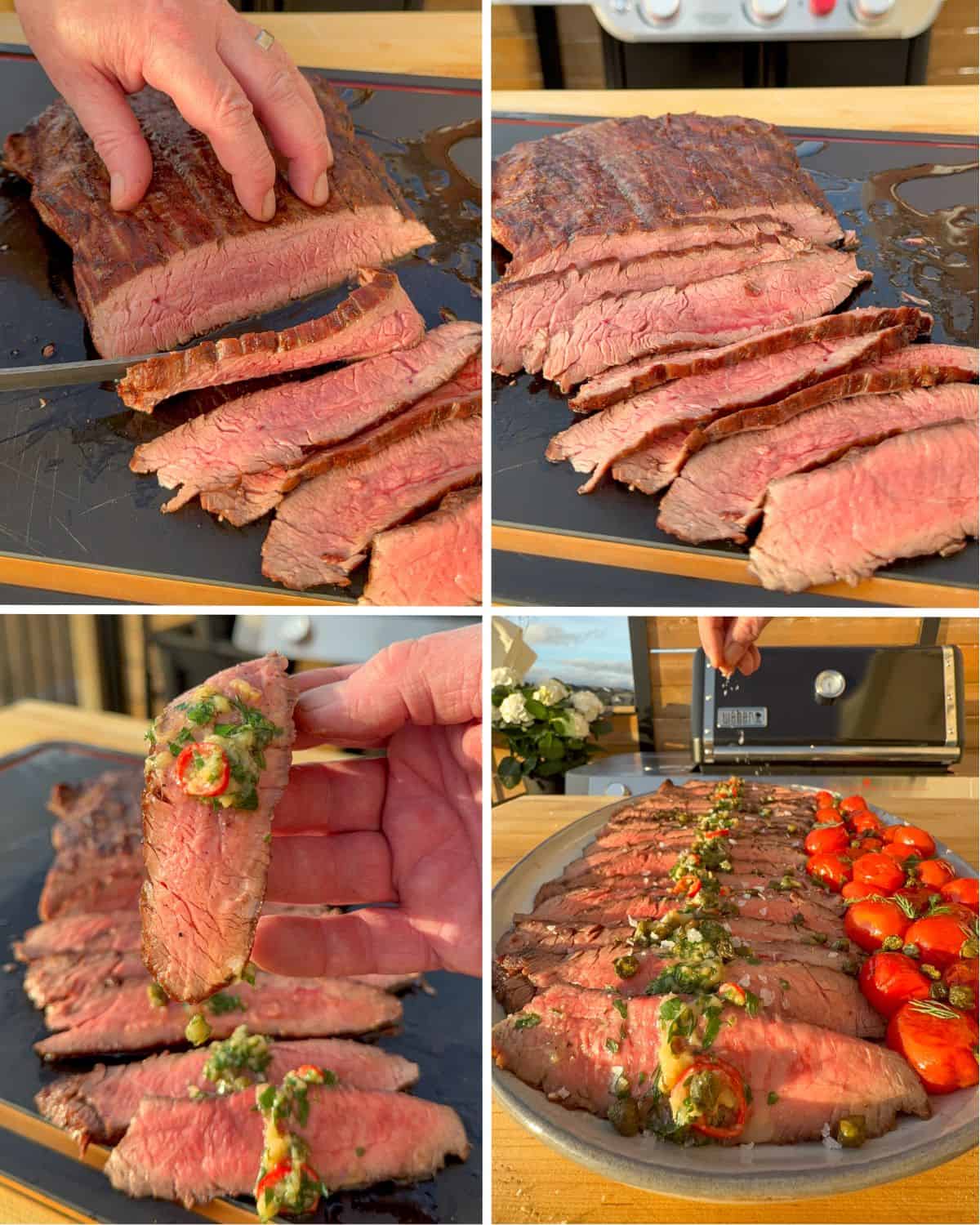 Slice the Weber grilled flank steak across the grain and serve on a platter with the sauce and tomatoes.