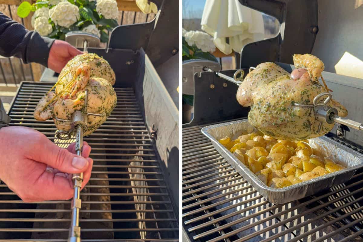 Place the chicken on the Weber searwood pellet grill rotisserie, and then the potatoes under it. 
