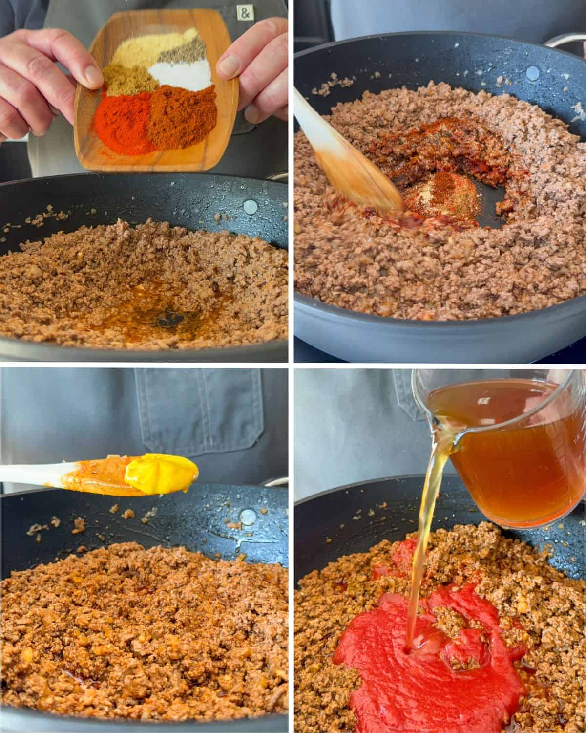 Add the spices, mustard, stock and tomato sauce to the ground beef mixture.