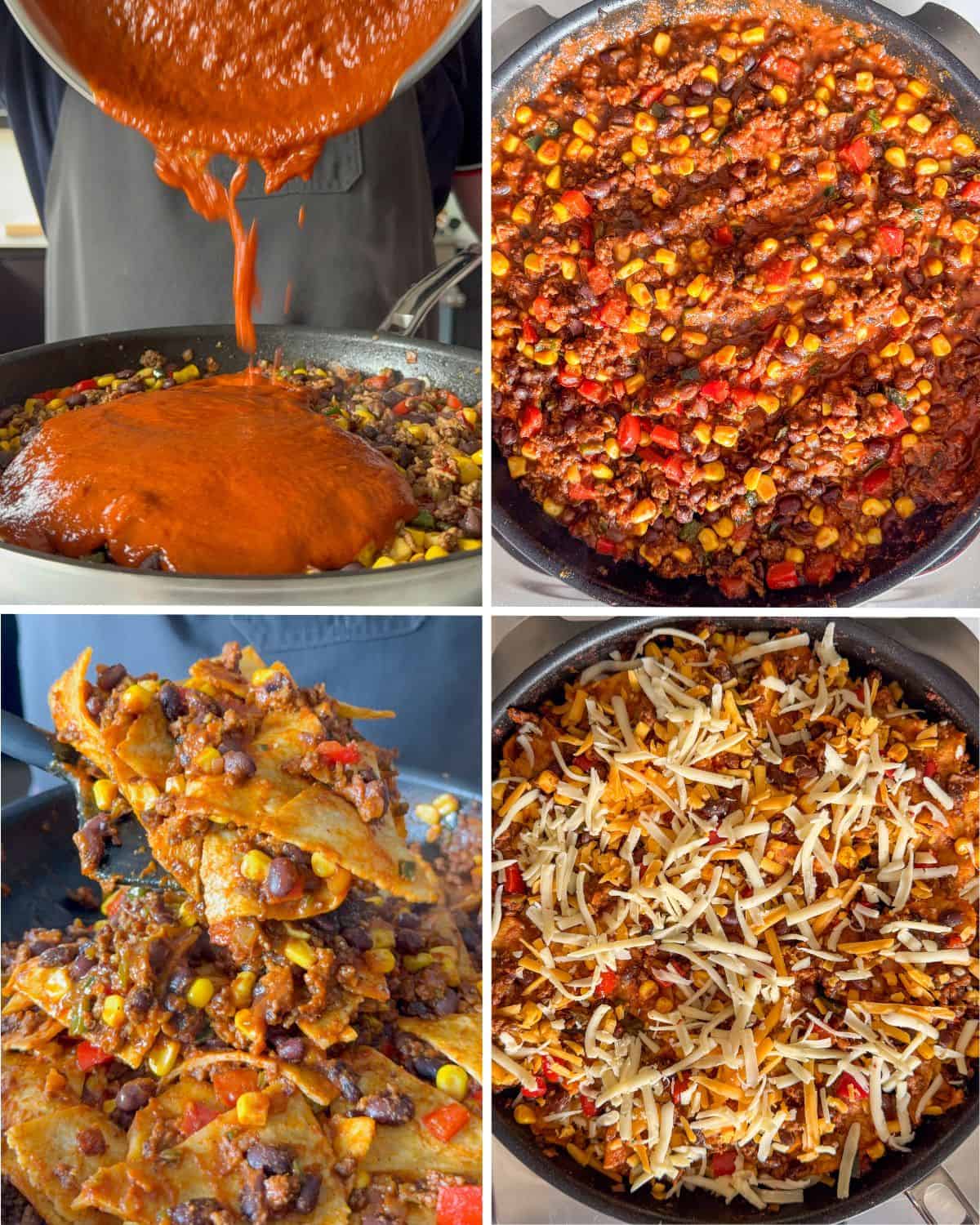 Pour in the enchilada sauce into the skillet, mix in the tortillas and sprinkle with cheese.