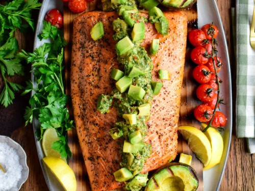 Cedar Planked Salmon with Grilled Avocado Chimichurri - Zimmy's Nook