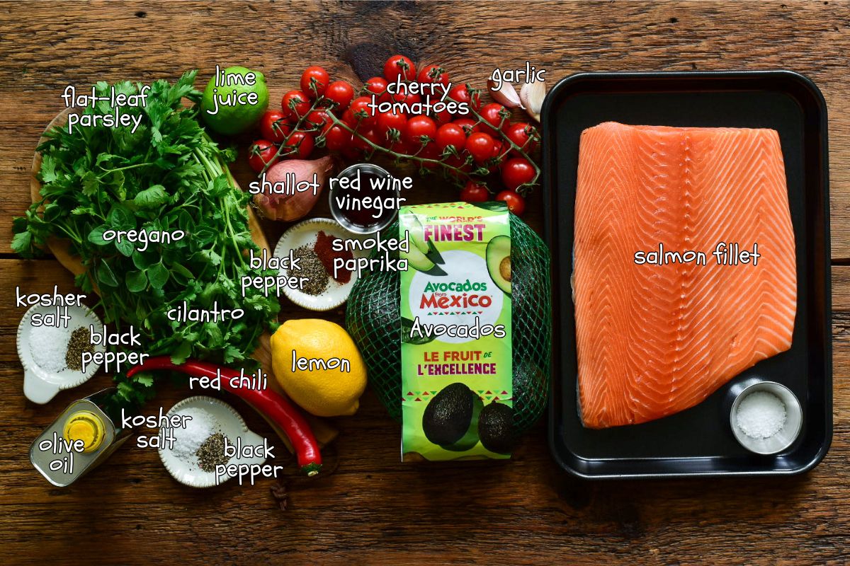 Ingredients for a cedar-planked salmon with grilled avocado chimichurri recipe.