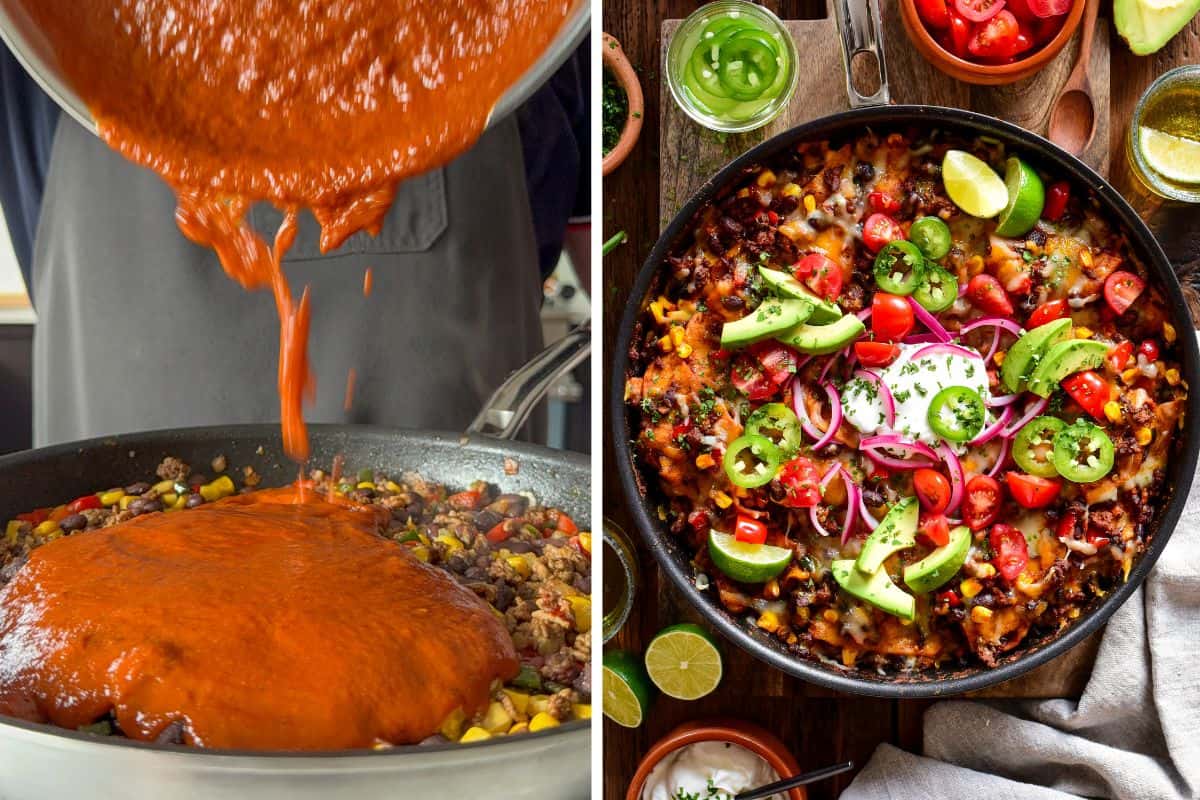 This Easy 20-Min Homemade Fire-Roasted Enchilada Sauce was used to make our beef, bean and poblano skillet enchiladas. 