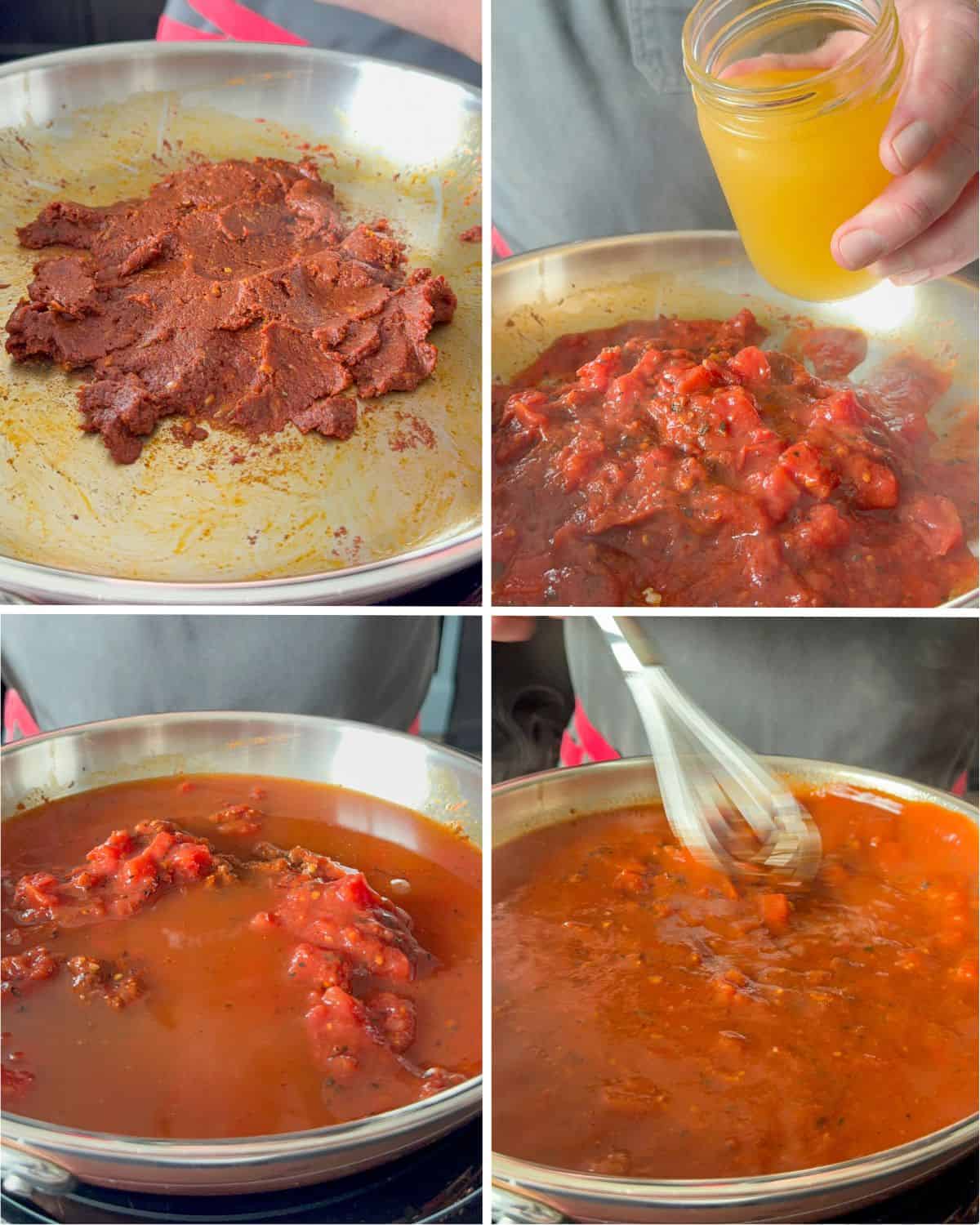 Cook the tomato paste, then deglaze and simmer the Fire-Roasted Enchilada Sauce.

