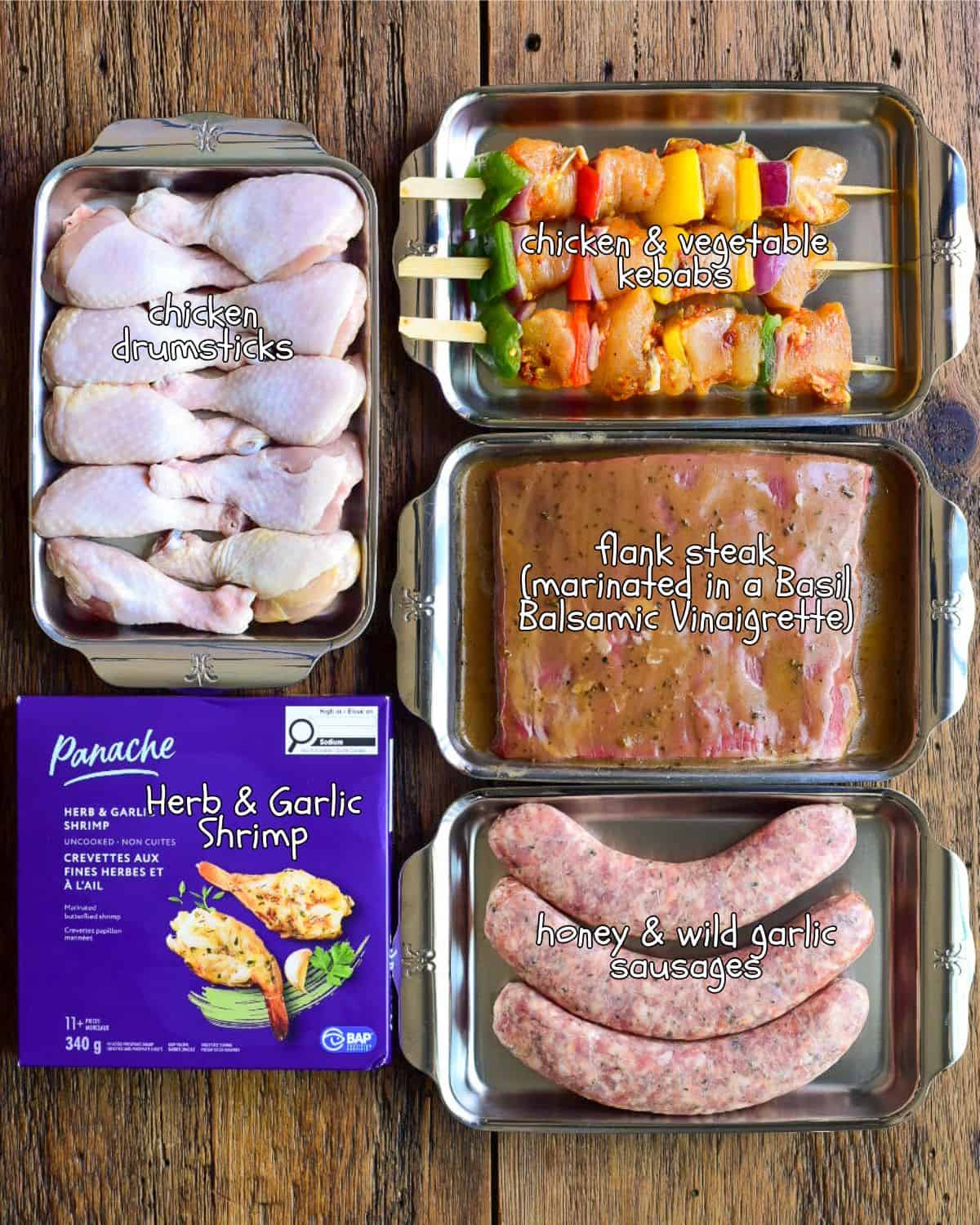 Meat and seafood ingredients for a BBQ charcuterie board.