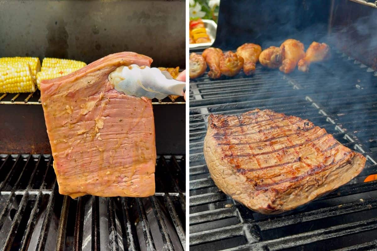 Shake off any extra marinade, then place the flank steak on the grill.