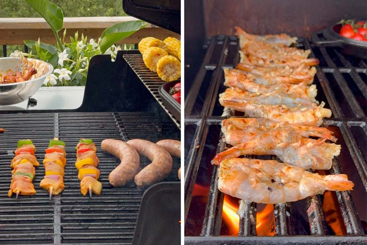 Three sausages and three chicken and veggie skewers on the grill to be cooked. In the second image, the butterflied shrimp is being grilled, with the shelled side down first.