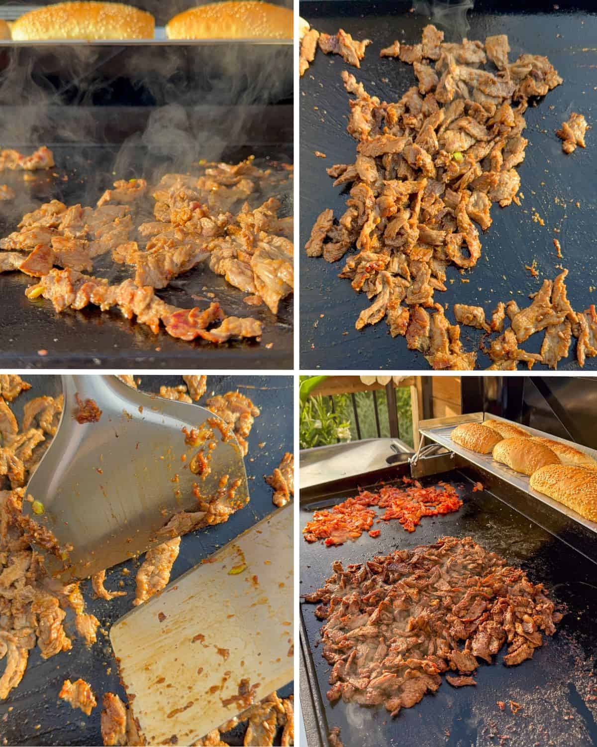 Sear the shaved beef in batches while chopping the meat with your griddle spatulas.