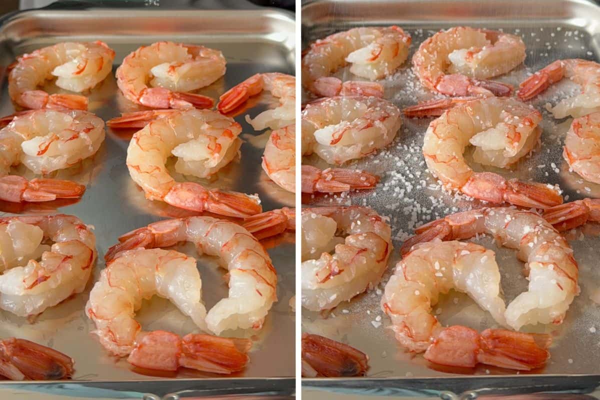 Pat the shrimp dry and toss them in a small bowl with the kosher salt and baking soda. 