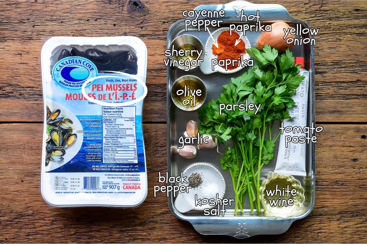 Ingredients for a Mejillones en Salsa Picante Spanish Mussels on Half Shell recipe.
